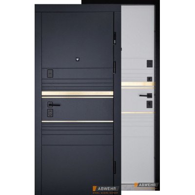 Входные двери Abwehr модель 545/545 Goldy (Черная шагрень + белый супермат) комплектация Megapolis MG3 (латунь) - квартира, три контура