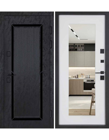 Вхідні Двері В-83 модель 594/605 дзеркало Оксид чорний Весь декор/Біла шагрень Булат (квартира)