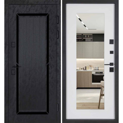 Вхідні Двері В-83 модель 594/605 дзеркало Оксид чорний Весь декор/Біла шагрень Булат (квартира)