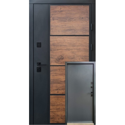 Вхідні двері Qdoors серія Стріт модель Бонд (Вулиця) Графіт пісок фарба/Декор темне дерево (профнастил)/Гладь антрацит пісок