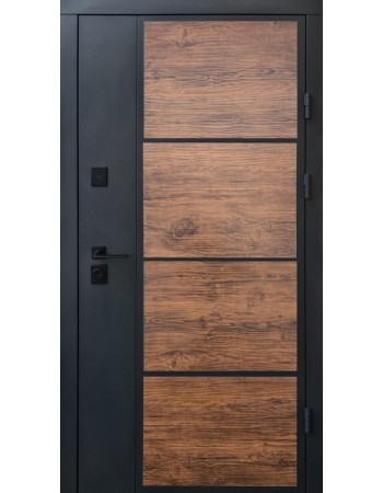 Вхідні двері Qdoors серія Стріт модель Бонд (Вулиця) Графіт пісок фарба (профнастіл) / Темне дерево декор/гладь дуб темний