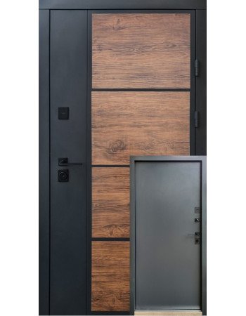 Вхідні двері Qdoors серія Стріт модель Бонд (Вулиця) Графіт пісок фарба/Декор темне дерево (профнастил)/Гладь антрацит пісок