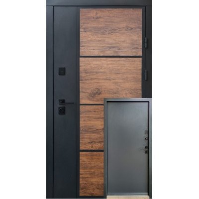 Вхідні двері Qdoors серія Стріт модель Бонд (Вулиця) Графіт пісок фарба/Декор темне дерево (профнастил)/Гладь антрацит пісок